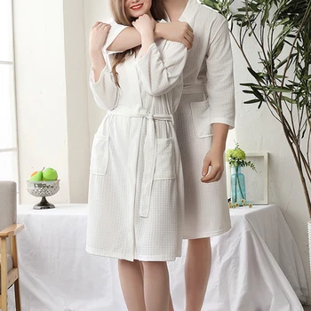 

Women Soft Water Absorption Bath Robe Solid Waffle Spa Home Dress Nightgown V-neck Bathrobe