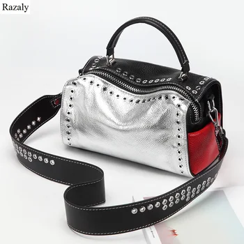 

Razaly brand high quality genuine leather handbag ladies real leather totes silver rivet boston bolsa women crossbody wide strap