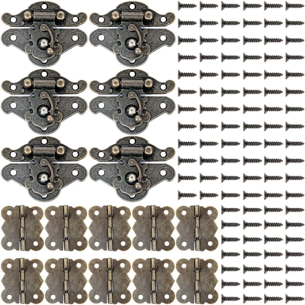

6 Pcs Retro Design Decorative Cabinet Jewelry Box Antique Buckle and 10 Vintage Bronze Engraved Designs Hinge and 100 Screws