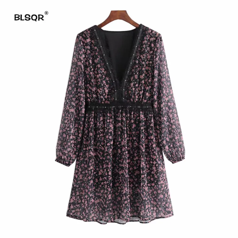

BLSQR Women V neck Sweet Lace Patchwork Floral Dress Long Lantern Sleeve Pleated Fake Diamond Decorate Vintage Casual Vestidos