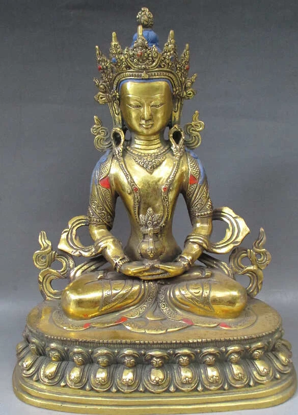 

11.4" Old Tibet Tibetan Gold Gilt Bronze Amitayus Buddha Statue