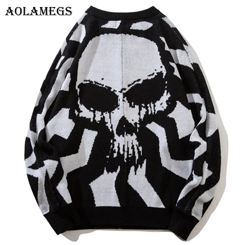 

Aolamegs Sweater Men Skull Mens Pullover Knitting Slim Loose High Street Sweaters Fashion Knitted Male Sweater Streetwear Autumn