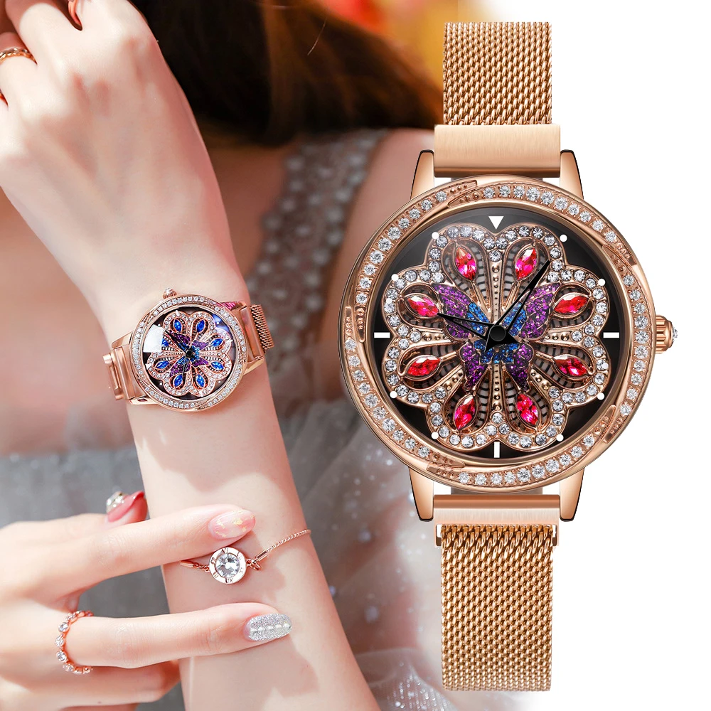 

Luxury Women Watches Magnet Rose Gold Steel Mesh Wristwatch Ladies Rotating Peacock Wheel Waterproof Japan Quartz Movement Clock