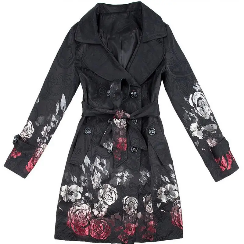 

longTrench Coat Women Floral Print Jacquard Coat with Belt Turn-Down Collar Windbreaker double breasted Women Outwear