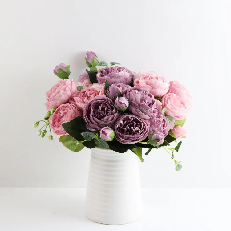 1 пачка розовый Искусственный Пион из шелка Букет цветов 5 с большой головой и 4 бутона искусственные цветы для дома Свадебные украшения в помещении