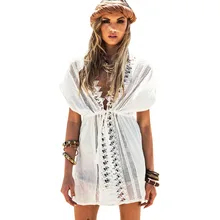 Купальный костюм с глубоким v-образным вырезом, накидка для женщин, сексуальный кафтан, Пляжная туника, платье, лето, хлопковое парео, Пляжное Платье