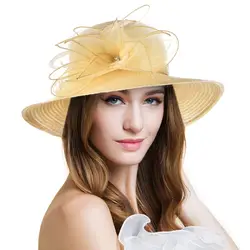 Для женщин широкий с полями, солнце шляпа хороший твердый цветочный Кентукки Дерби шляпа для Для женщин леди церкви Свадебная шляпка Floppy