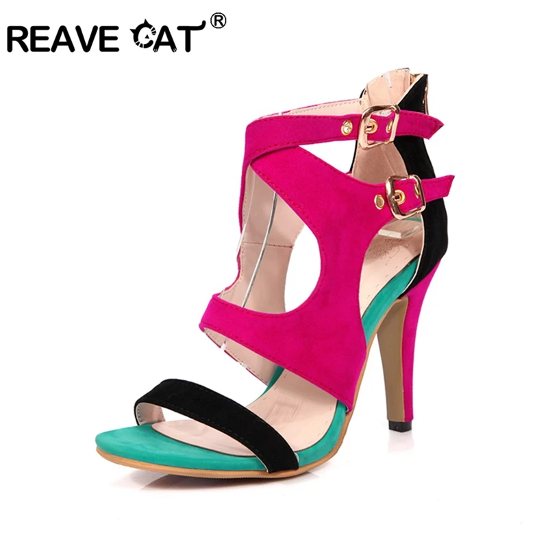 

REAVE CAT 2019 New Summer Women Shoes High Heels Flock Ankle Buckle Open Toe Street Party Hollow patchwork Sandals Black Size 45