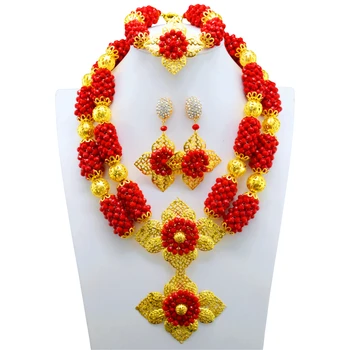 

Red Nigerian Wedding African Beads Jewelry Set Crystal Beads Gold-color Women African Costume Jewelry Sets Free Shipping