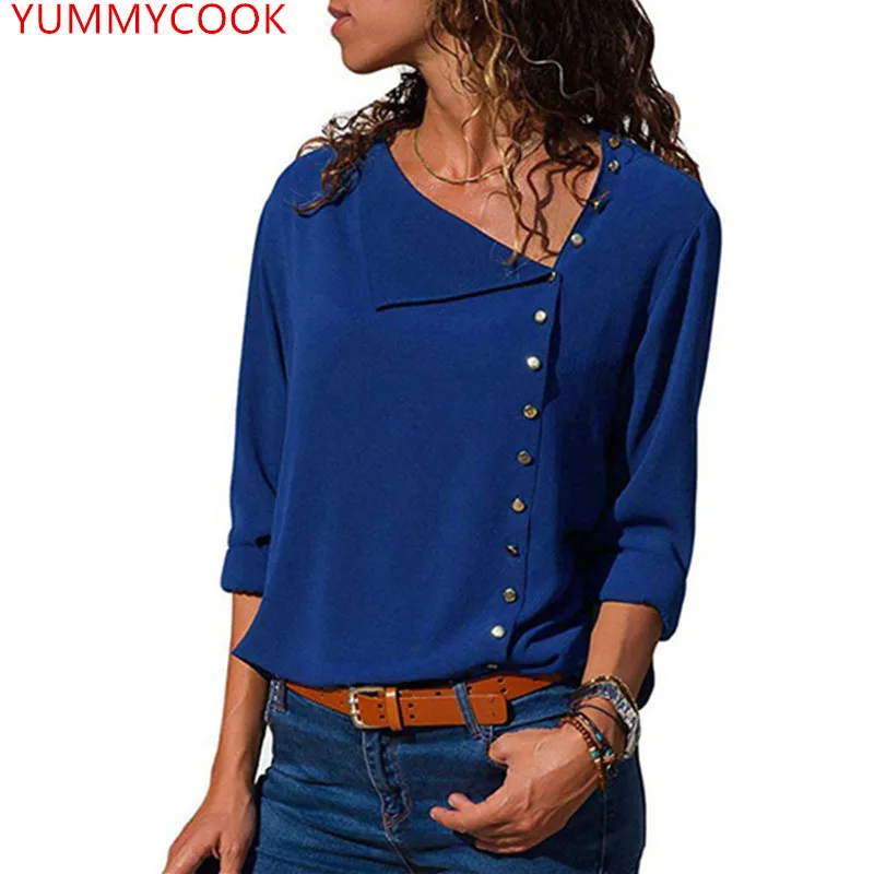 

YUMMYCOOK autumn fashion solid color irregular oblique collar Women's clothing shirt simple Slim Chiffon long-sleeved top AB86
