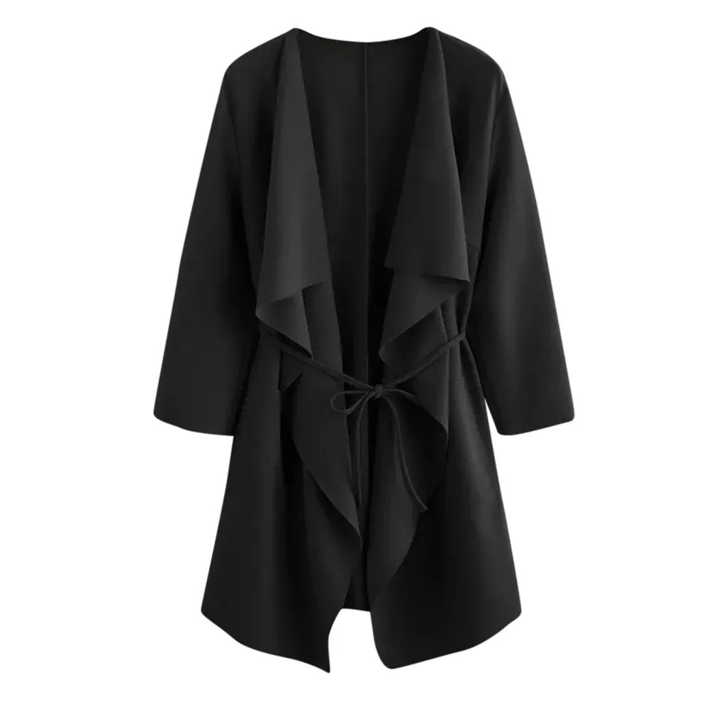 Autumn Winter coat women casual New Fashion Coat Casual Waterfall Collar Pocket Front Wrap Coat Jacket Outwear Y718