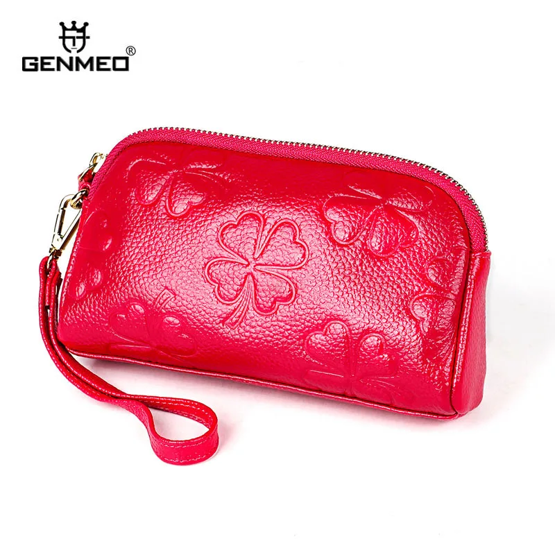 

GENMEO New Flower Pattern Genuine Leather Wallet Women Cowhide Clutch Bag Female Coin Purse with Hand Strap Bolsa Feminina