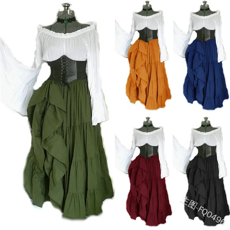

New Women Medieval Cosplay Costumes Girl Halloween Gothic Retro Victoria Middle Ages Carnival Long Sleeve Pleated Corset Dresses