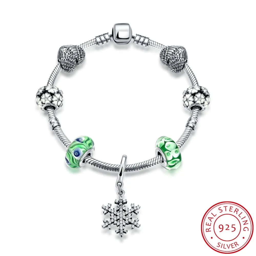 

925 Sterling Silver Bracelets for Women 2016 Jewelry Green Spacer Beads Bracelet with Zircon Snowflake Pendant Bracelet Femme