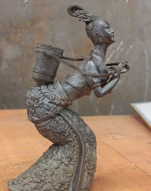 

shitou 002901 11" Chinese Archaic Bronze Lotus Belle Beauty Women Girl Carrying Bucket Statue