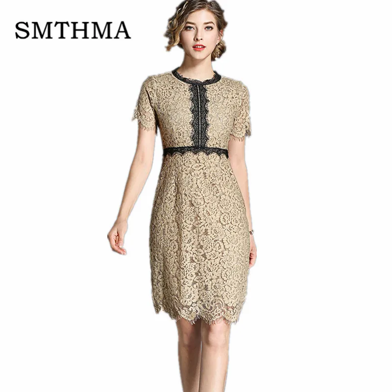 

New Women Summer Lace Dresses 2019 Fashion Short Sleeve Lace Hollow Designer Runway Dress