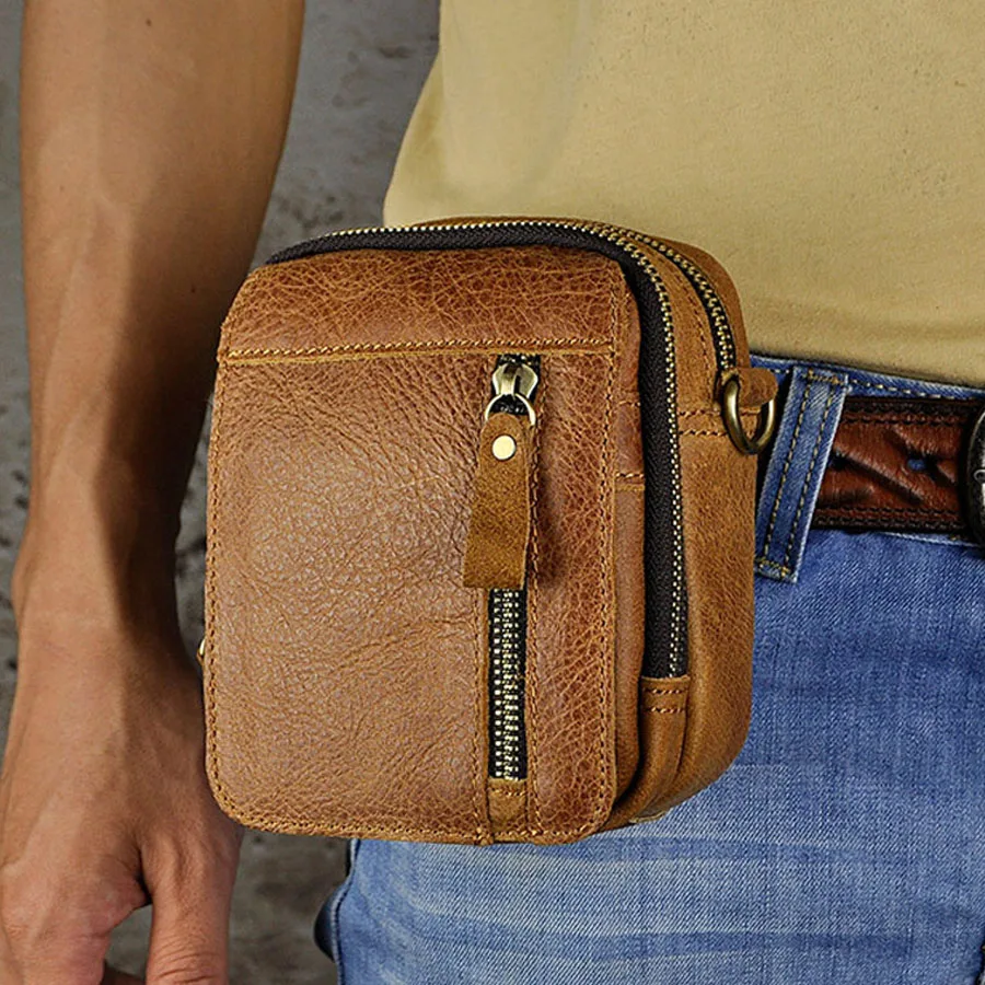 

Men Oil Wax Genuine Leather Vintage Travel Shoulder Messenger Hip Belt Bum Purse Fanny Pack Waist Hook Bag