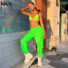 Kliou Новые женские модные длинные свободные повседневные спортивные светоотражающие брюки однотонные яркие штаны на резинке для фитнеса и танцев