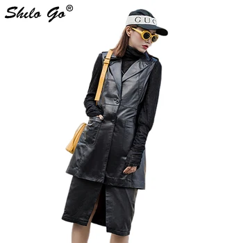 

Streetwear Leather Vest Women Summer Turn Down Sleeveless Button Sheepskin Genuine Leather Long Vest Casual Pocket Female Vest