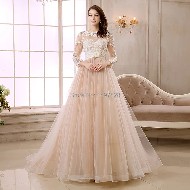 Champagne Color Full Long Sleeve Deep V Back Lace Liqued A Line Champagne Color Full Long Sleeve Deep V Back Lace Liqued A Line Pleat Skirt Wedding