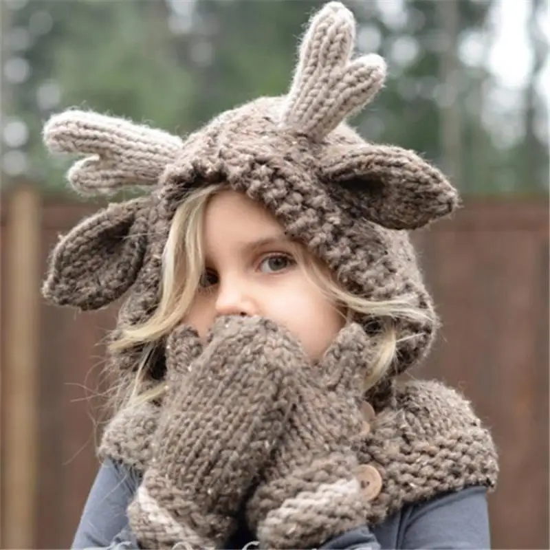 Cute cartoon children's handmade crochet hat elk knit hat warm scarf gloves hat elk cape cap