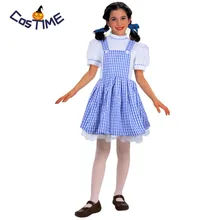 Little Dorothy Costume Kids Girls Blue Gingham Plaid Dress Suspender Skirt Fluffy Dress Fairytale Princess Halloween Costume