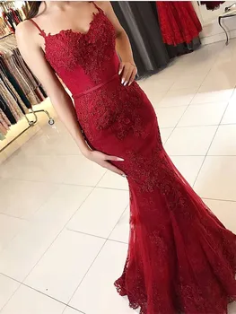 

Elegant Burgundy Mermaid Evening Dress 2019 High Quality Pearls Lace Tulle Long Prom Gown Custom Made Special Occasion Dresses
