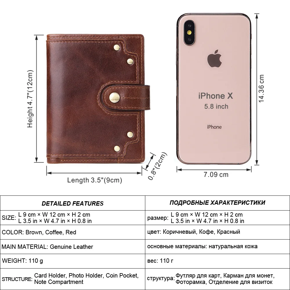 genuine leather men's wallet with coin pocket vintage rivet design male purse card holder slim hasp