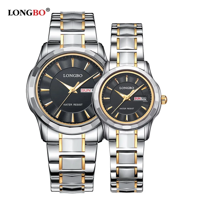 LONGBO Lovers Couple Watches Men Date Calendar Waterproof Business Watch Women Stainless Steel Quartz Wristwatch Relogio