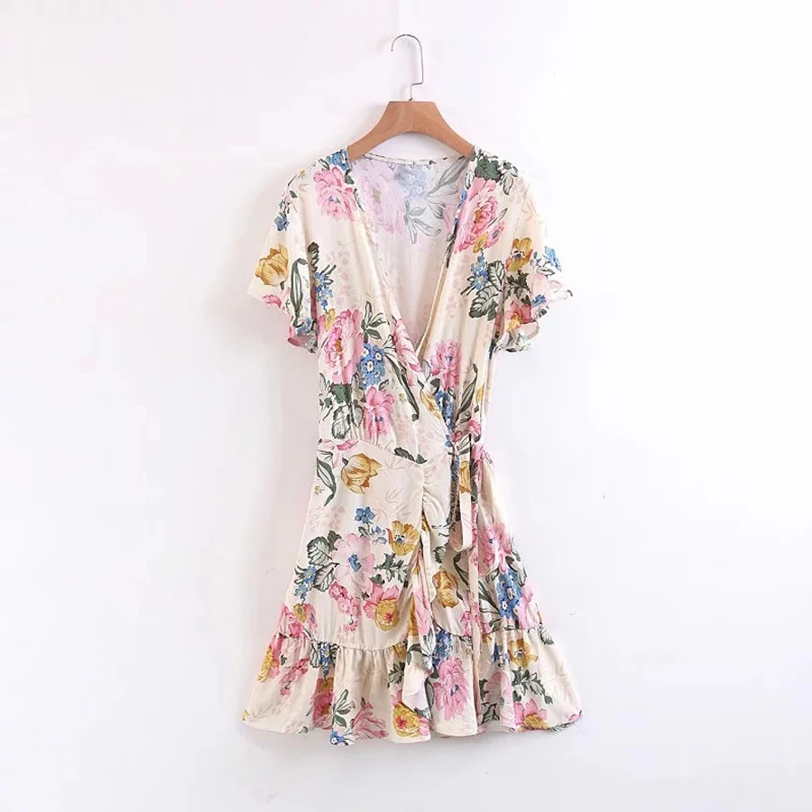Boho короткое пляжное платье 2018 район хлопок цветочный принт обёрточная бумага
