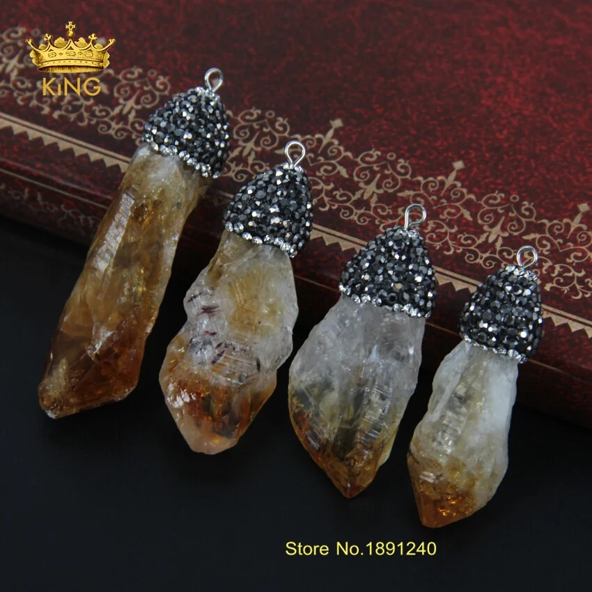 

Handmade Natural Stone Yellow Quartz Pendant Necklaces with Pave Crystal Women Irregular Quartz Chain Necklace Jewelry KZ020