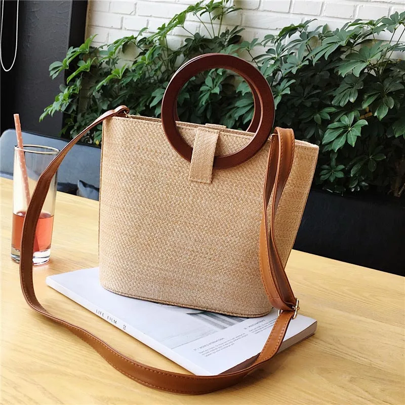 Fashion Women Hot Beach Straw Bags INS Popular Autumn Female Wooden Ring Weave Handbag Casual Lady Knitted Shoulder Bag SS3423 (5)