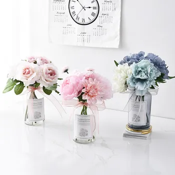 

Modern Glass Vase+Artificial Flower Set Figurines Home Furnishing Craft Decoration Livingroom Silk Fake Flower Pot Ornaments Art