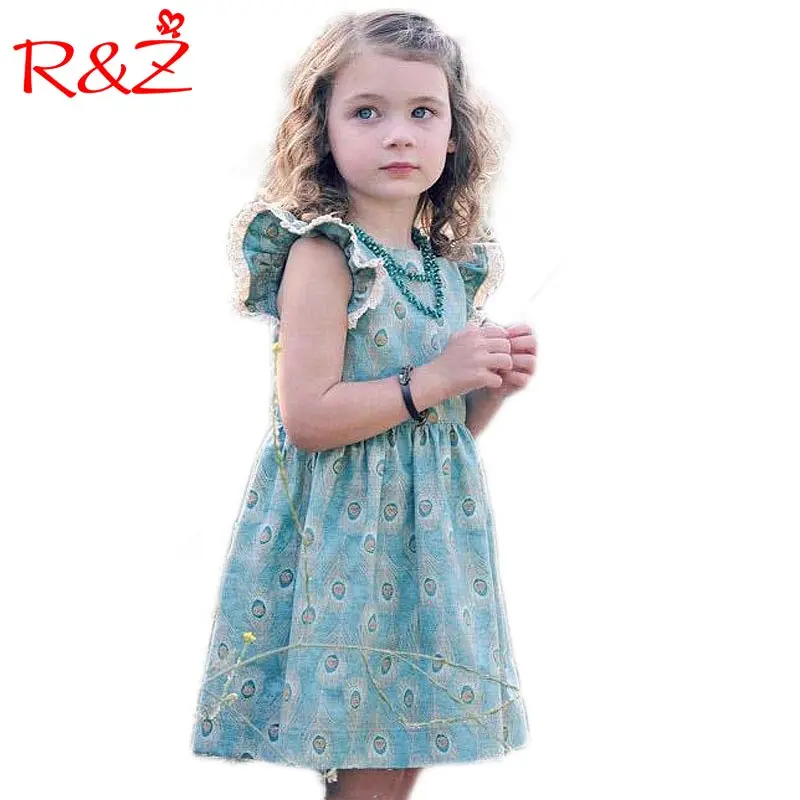 

R&Z 2019 Ins Hot New Arrivals Girls Dress Flying Sleeve Peacock Pattern Lace Edge Decoration Kids Clothing k1