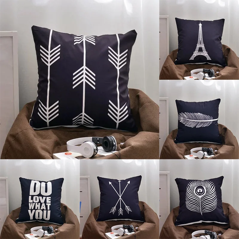 

Pillow Case Black and White Pattern Pillowcase Cotton Linen Printed 45*45cm Inches Geometry Euro Pillow Covers Free Shipping