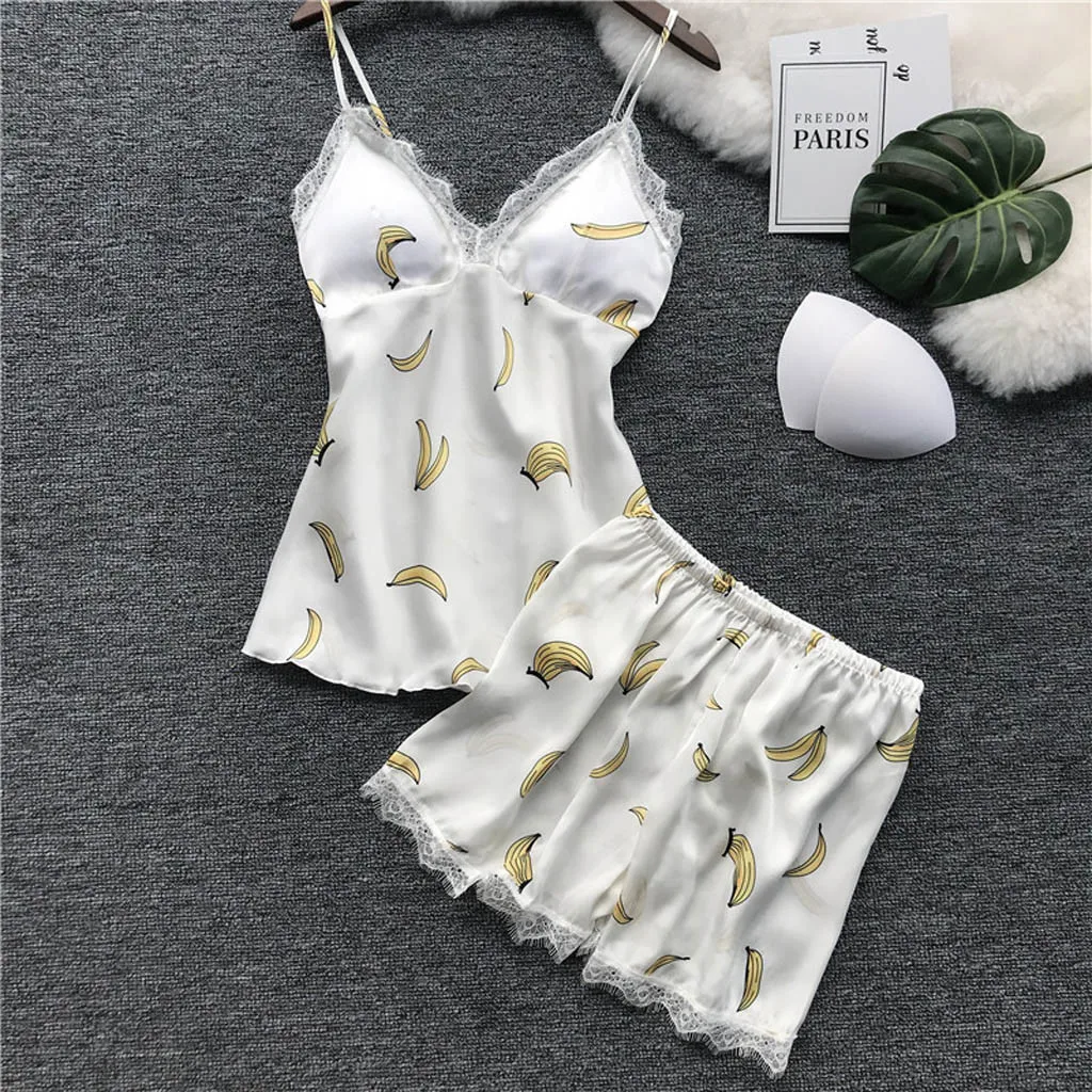 

Sleep Lounge Pajama Set Sexy Satin Sleepwear Women Summer Pyjama Femme Fashion Flower Pajamas for Women with Chest Pad #XTN