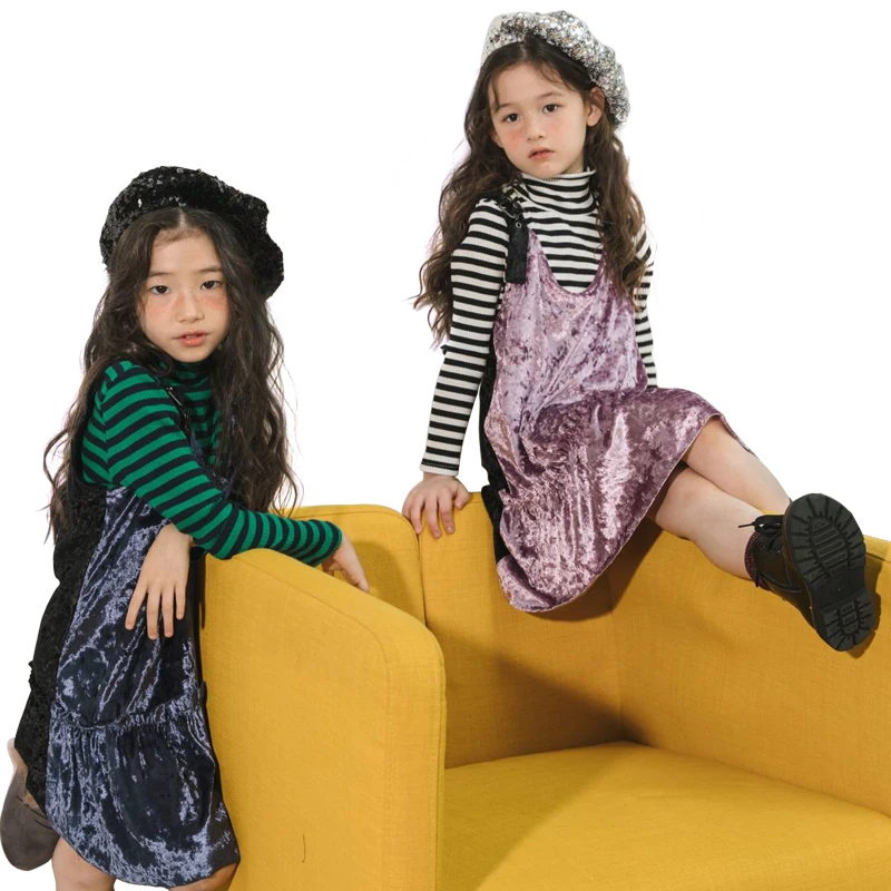 

2019 new spring party frocks for big girl 2pcs dresses age 4- 14 yrs teenage girls long-sleeve striped t-shirt+vest velvet dress