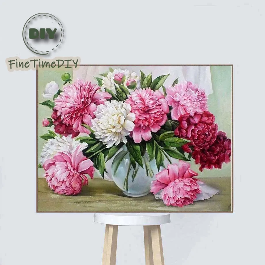 FineTime DIY 5D Pink Flowers Full Diamond Painting Cross Stitch Kits Round Embroidery Home Decoration Gift | Дом и сад