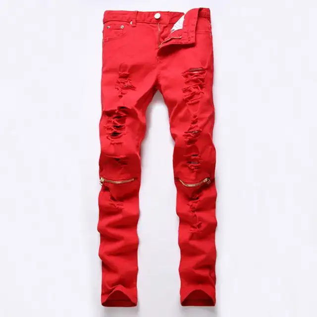 Biker flaco Jeans Marca para Hombre de Moda Pantalones de Mezclilla de Color Rojo Hombre Casual Harem Pants Hip Pantalones Vaqueros Rasgados Pantalones de Algodón Hombre|red denim|hip hop ripped