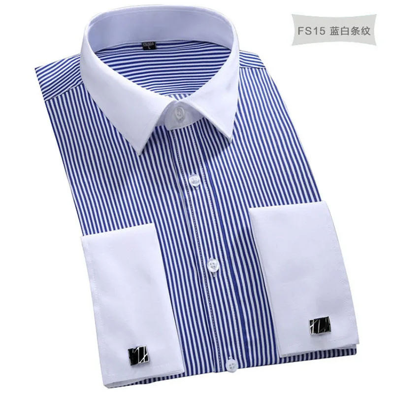 Мужские рубашки с французскими манжетами, синяя белая деловая Повседневная рубашка с длинными рукавами, приталенная однотонная французская рубашка с запонками - Цвет: 09