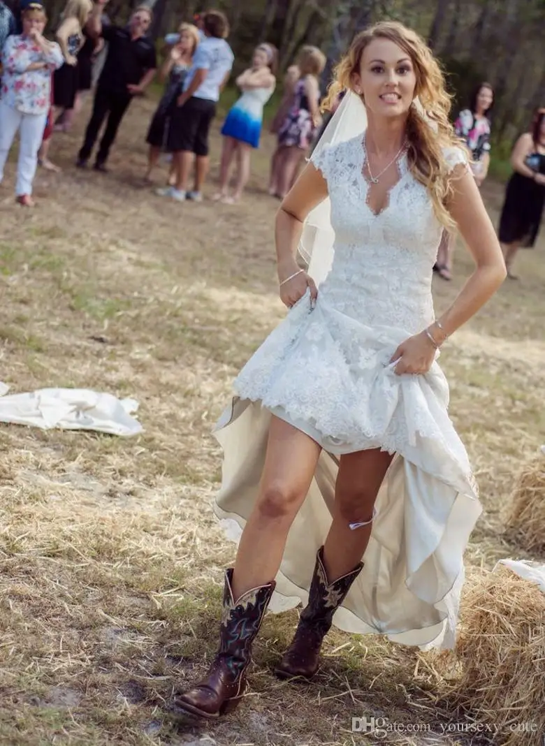 Vintage High Low Wedding Dresses Cheap Sexy Sheer V Neck Cap