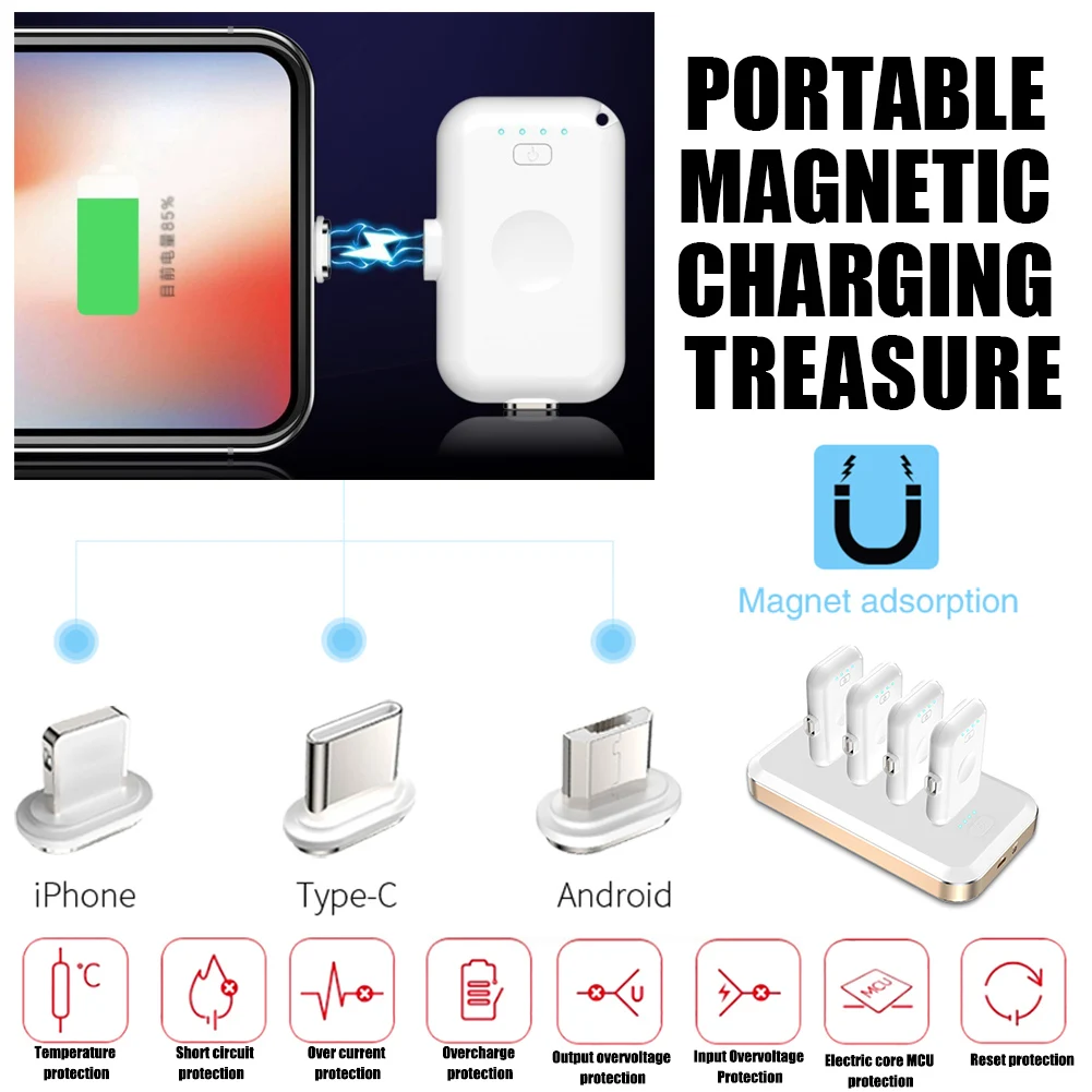 Беспроводной магнитный внешний аккумулятор портативный мини аварийный мобильный источник питания для IPhone Android type C 3 в 1 беспроводная Магнитная Зарядка