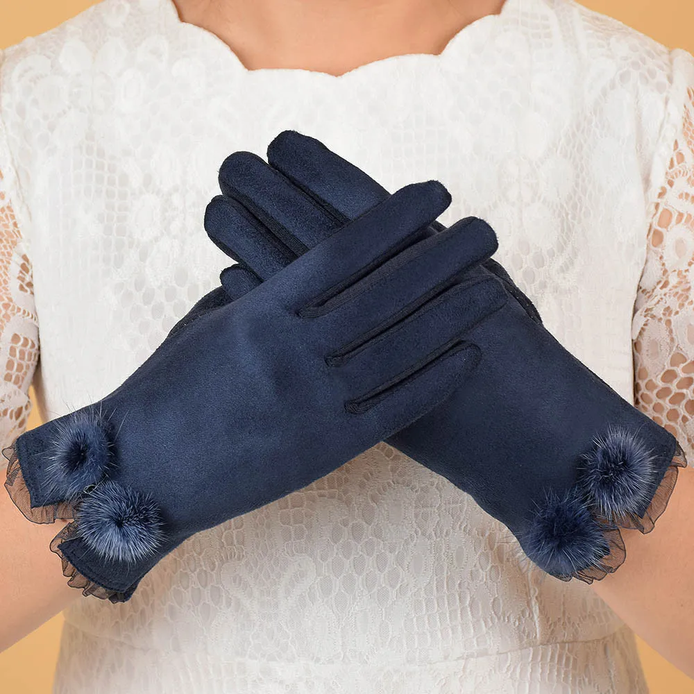 40, женские теплые зимние перчатки, мягкая искусственная замша, толстые перчатки, полный палец, перчатки, милые плюшевые шарики, кружевные варежки, Guantes Mujer