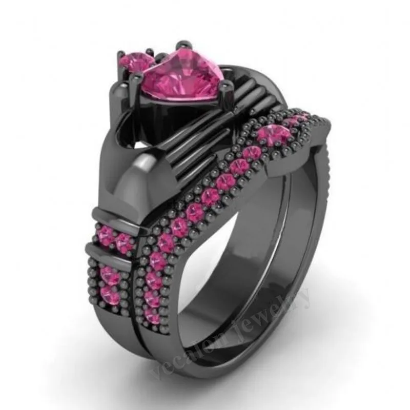 Vecalon Fashion Red Birthstone claddagh ring 5A Zircon Cz Black gold filled Party wedding Band ring Set for women men Gift