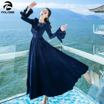 

FOLOBE 2020 Spring Autumn Corduroy Vintage Blue Red Long Sleeve Long Flare Sleeve Women big swing Elegant Casual Dresses