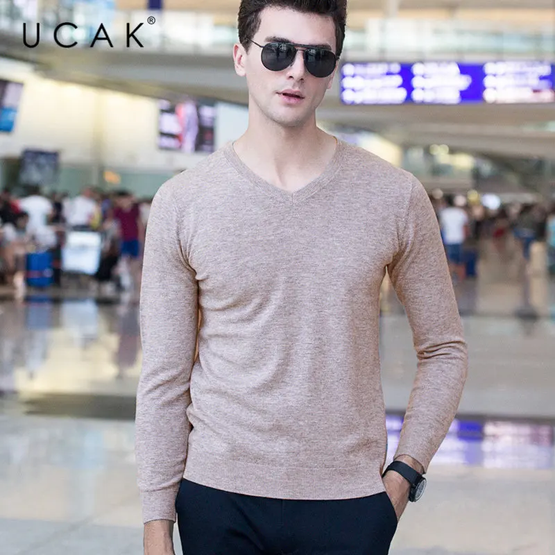 UCAK Brand Sweater Men Classic Casual V-Neck Pull Homme Pure Merino Wool Pullover Men Autumn Winter Soft Cashmere Sweaters U3005 - Color: Khaki