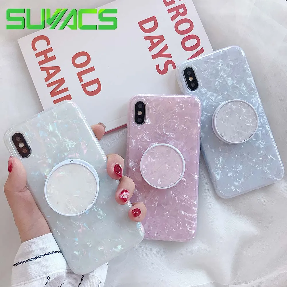 

SUYACS Fashion Shell Texture Case For iPhone XR XS Max X 8 7 Plus 6 6S Plus Flexible Kickstand Holder Soft IMD Phone Back Cover