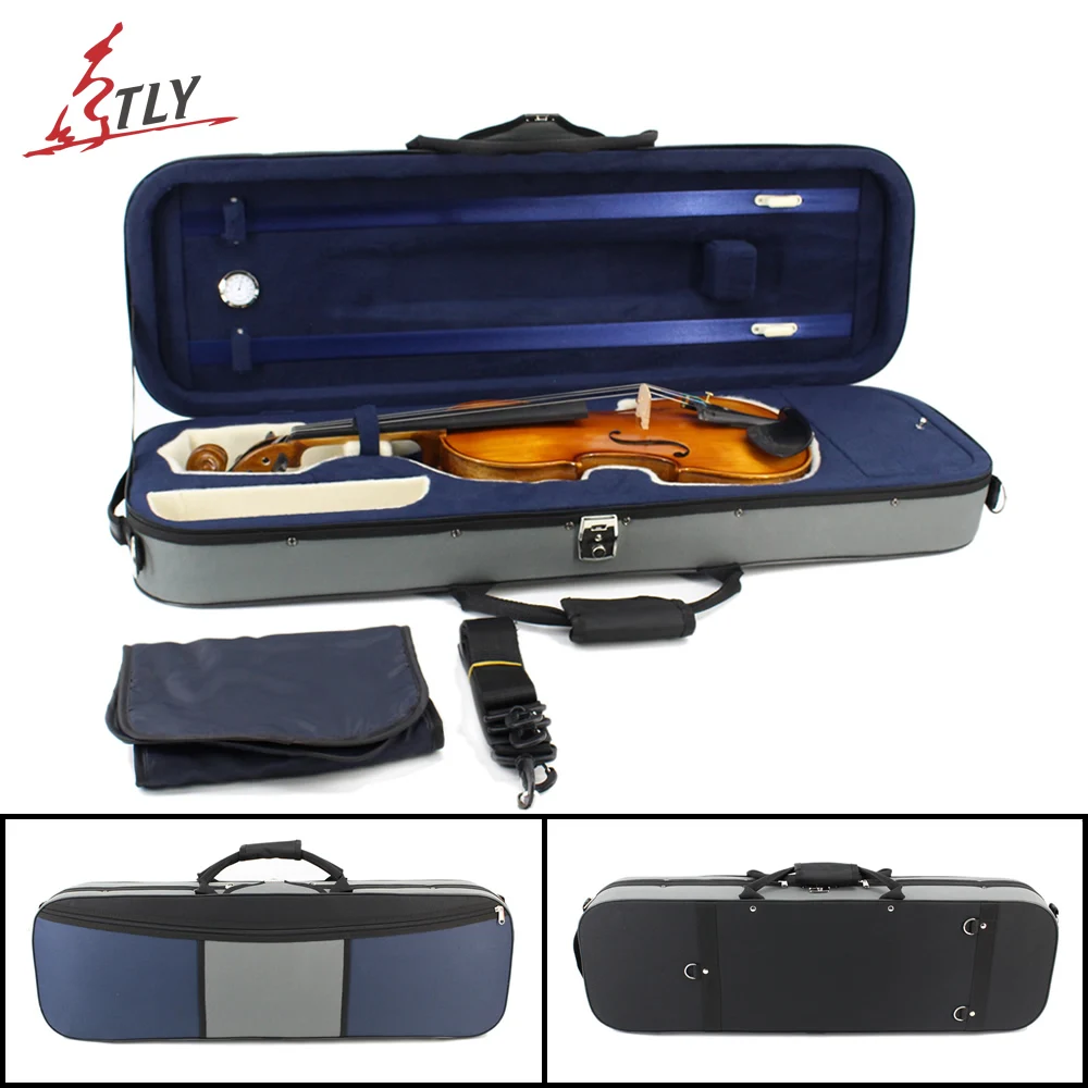 Black Gray & Blue Stitching Canvas Rectangle Violin Case Large Storage Space w/ Hygrometer Straps for 4/4 3/4 1/2 1/4 1/8 Violin