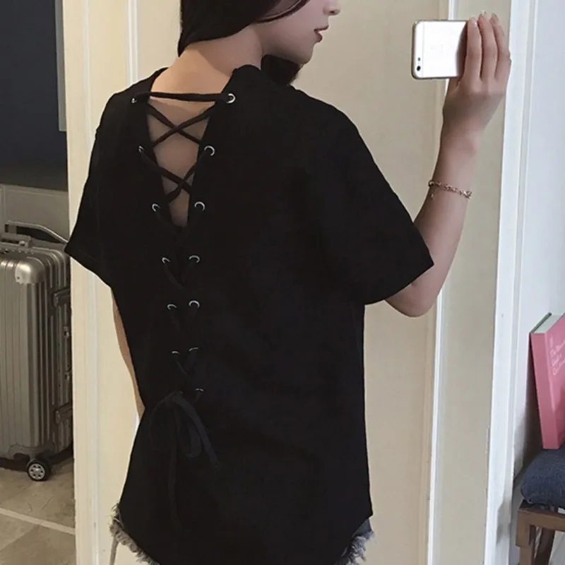 

Korean Loose Harajuku Tee Shirt Femme Fashion Tops Camisetas Mujer 3XL 4XL Women Summer Back Bandage Short Sleeve T Shirt