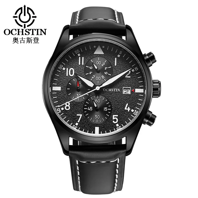 Мужские часы ochстin, мужские бизнес часы с хронографом и датой, светящиеся наручные часы, мужские роскошные брендовые кожаные кварцевые часы - Цвет: Black